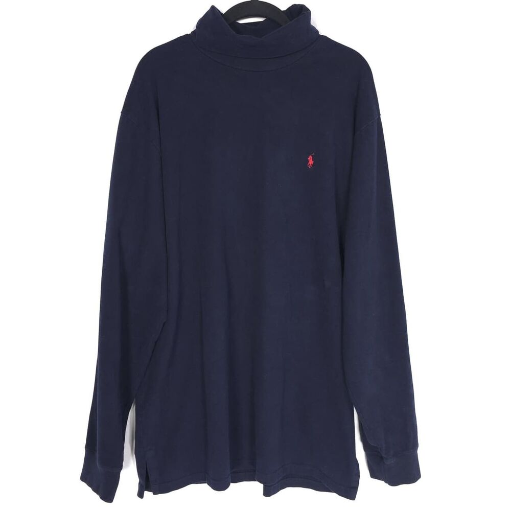 POLO RALPH LAUREN Navy Mock Neck Shirt XL Red‎ Pony 100% Cotton Classic Sweater